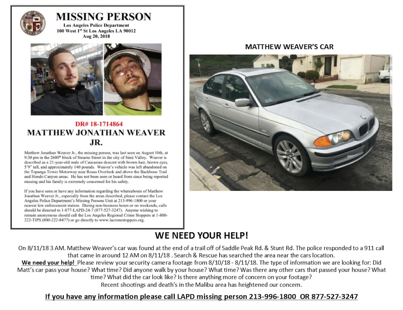The Matthew Weaver Jr Disappearance One Year Later: New Information… Now Will LAPD to Take the Lead?